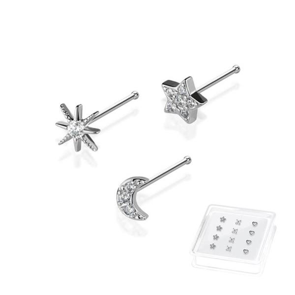 STAR AND MOON CZ STONE STERLING SILVER NOSE STUD STRAIGHT TIP (12 PC)