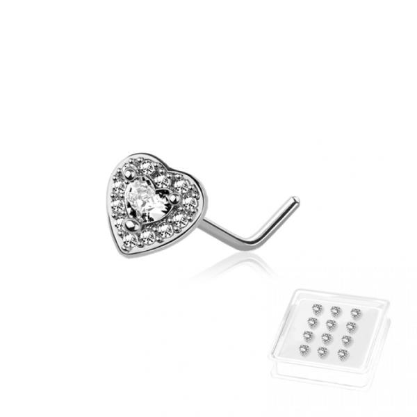 CZ PAVED HEART 316L SURGICAL STEEL L-SHAPE NOSE STUD (12 UNITS)