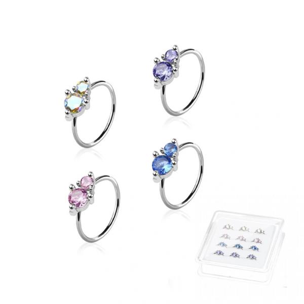 DOUBLE PRONG CZ GEM TOP 316L SURGICAL STEEL NOSE O-RING HOOP (12 UNITS)