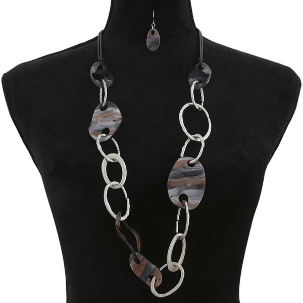 TORTOISE METAL LINK CHAIN LONG NECKLACE EARRING SET