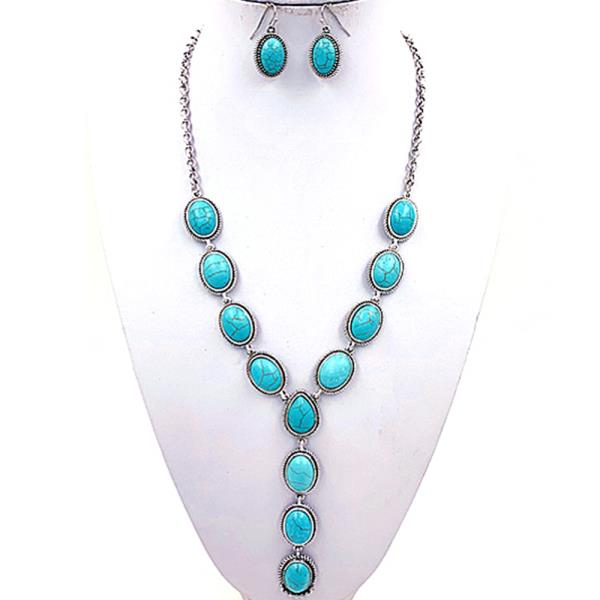 OVAL TURQUOISE BEAD Y SHAPE NECKLACE