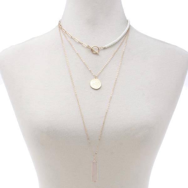 LONG RECTANGLE STONE MEDALLION TOGGLE CLASP LAYERED NECKLACE