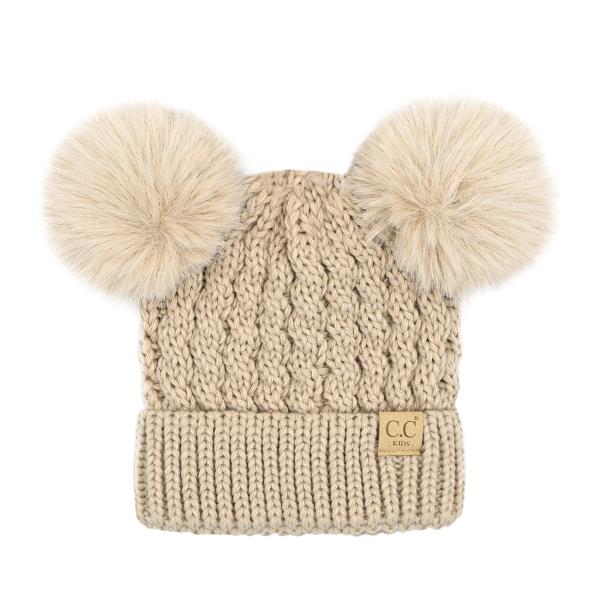 CC DOUBLE POM POM BEANIE HAT IN ALL OVER CABLE PATTERN