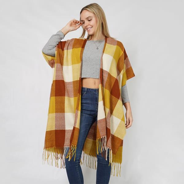 CHECK PATTERNED CARDIGAN RUANA WITH TASSEL