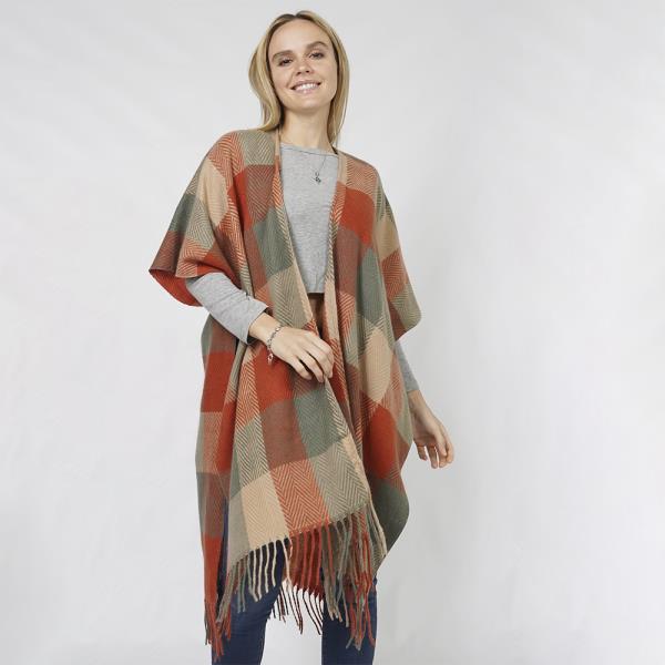 CHECK PATTERNED CARDIGAN RUANA WITH TASSEL