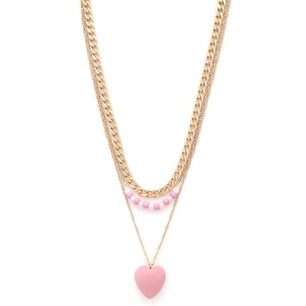 HEART CURB LINK BEADED LAYERED NECKLACE