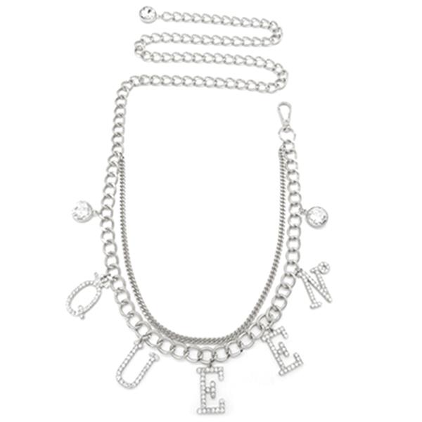 METAL RHINESTONE QUEEN CHARM CHAIN BELT