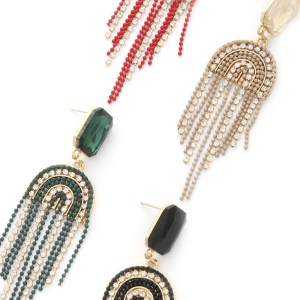 RHINESTONE BEAD U TASSEL DANGLE EARRING