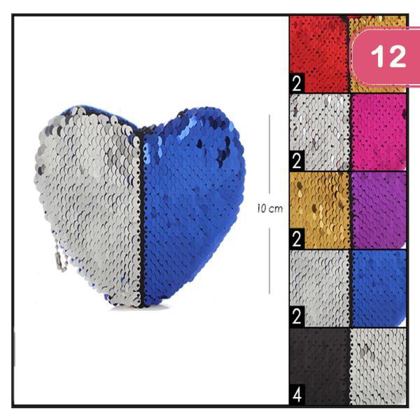 COLOR CHAINGING SEQUIN HEART SHAPE COIN PURSE (12 UNITS)