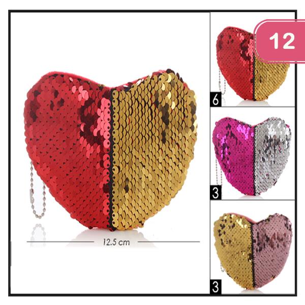 SEQUIN COLOR CHANGING HEART SHAPE COIN PURSE (12 UNITS)