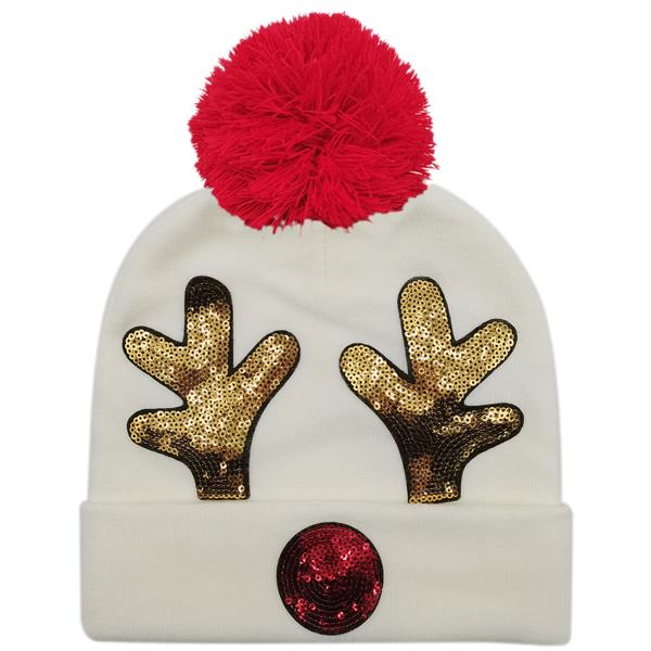 CHRISTMAS SEQUIN REINDEER BEANIE W/POM