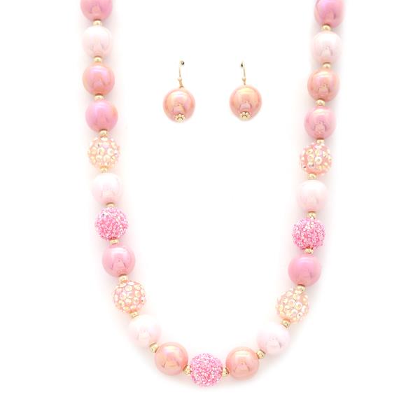 PINK STONE BALL BEAD NECKLACE EARRING SET