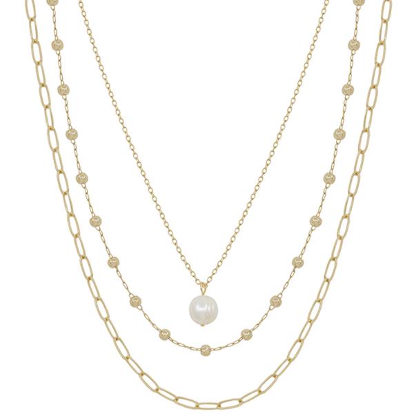 3 LAYERED DOT CHAIN FRESH WATER PEARL PENDANT NECKLACE