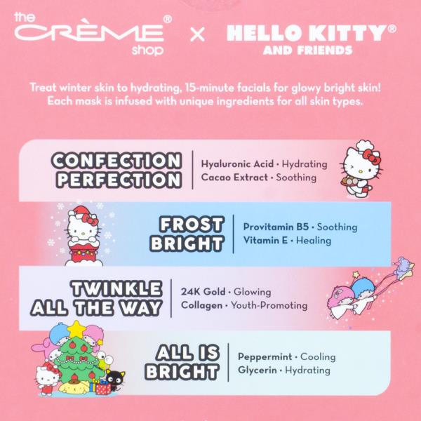 THE CREME SHOP X HELLO KITTY AND FRIENDS HELLO HOLIDAYS COMPLETE COLLECTION 4 ESSENCE SHEET MASKS SET