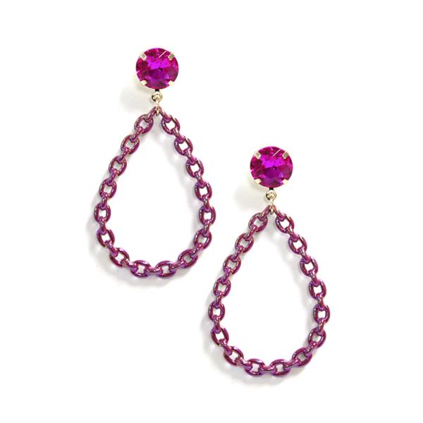 STONE COLOR METAL CHAIN TEARDROP DANGLE EARRING