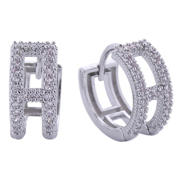 14K GOLD/WHITE GOLD DIPPED INITIAL H PAVE CZ HUGGIE EARRINGS