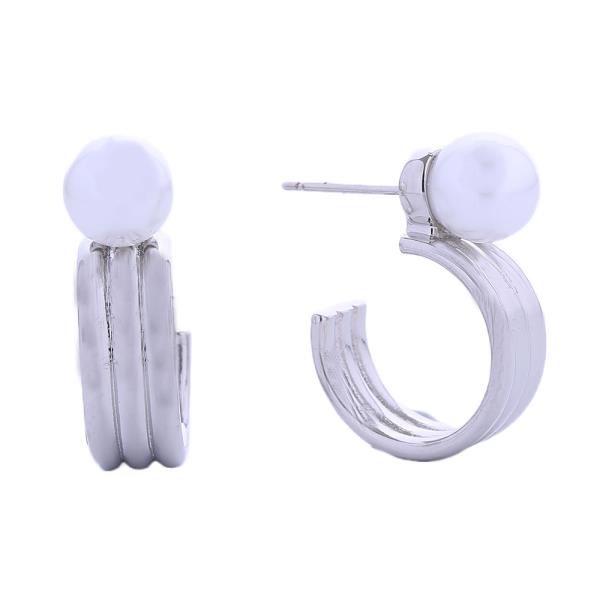 14K GOLD/WHITE GOLD DIPPED PEARL ON HOOP POST EARRINGS