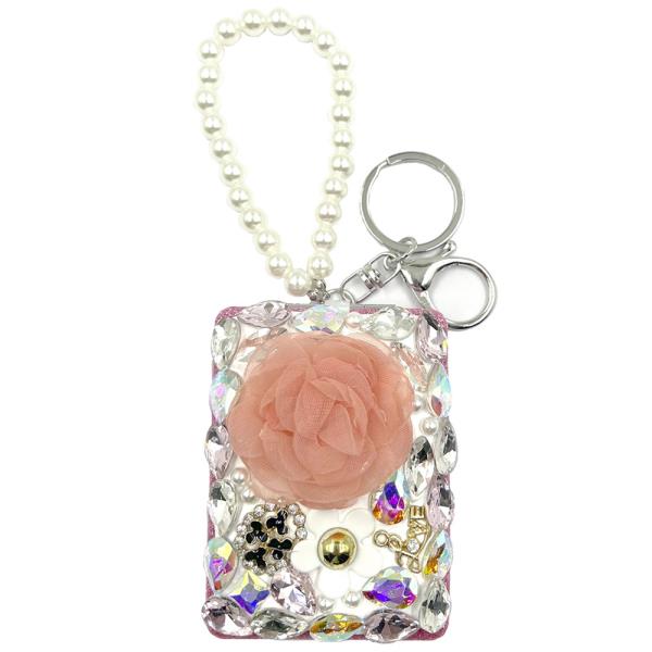 FLORAL CRYSTAL PEARL SHAPE DESIGN MIRROR KEYCHAIN