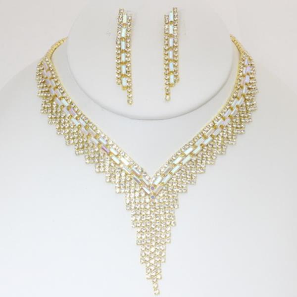 CRYSTAL RHINESTONE FRINGE V NECKLACE EARRING SET