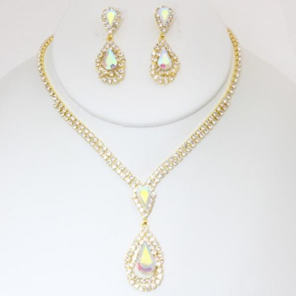 CRYSTAL TEARDROP RHINESTONE NECKLACE EARRING SET