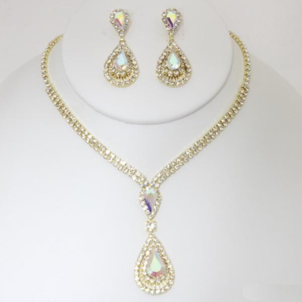 CRYSTAL RHINESTONE TEARDROP NECKLACE EARRING SET