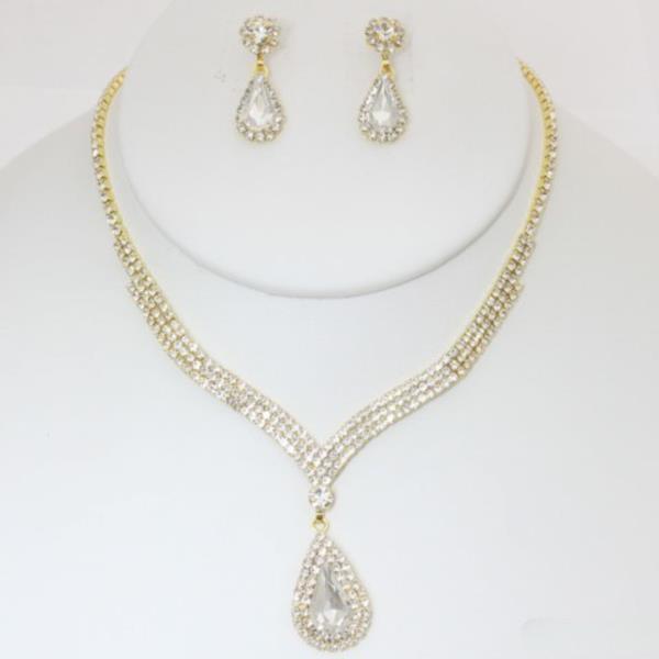 CRYSTAL RHINESTONE TEARDROP NECKLACE EARRING SET