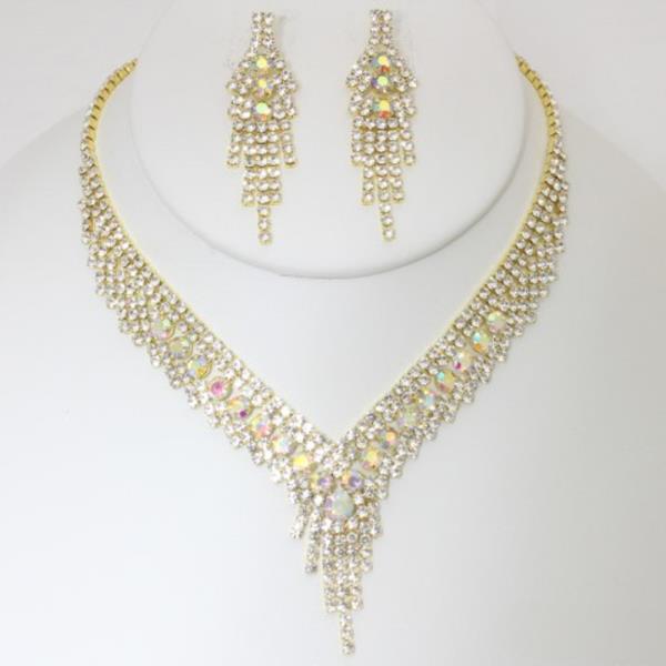 CRYSTAL RHINESTONE FRINGE V NECKLACE EARRING SET