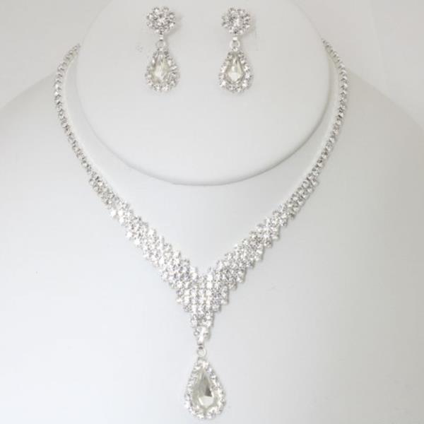 FRINGE TEARDROP RHINESTONE NECKLACE EARRING SET