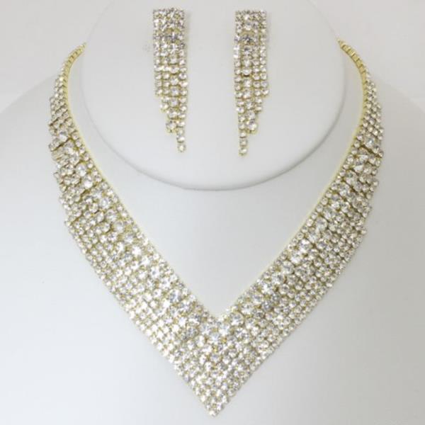 FRINGE RHINESTONE V NECKLACE EARRING SET