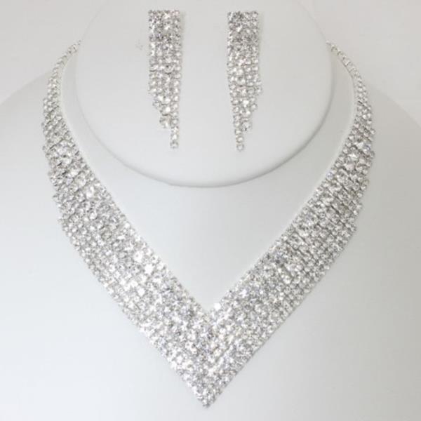 FRINGE RHINESTONE V NECKLACE EARRING SET