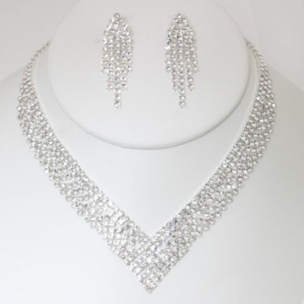 CRYSTAL RHINESTONE FRINGE V NECKLACE EARRING SET