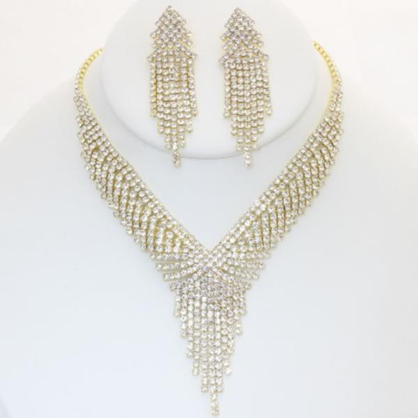 FRINGE V RHINESTONE NECKLACE EARRING SET