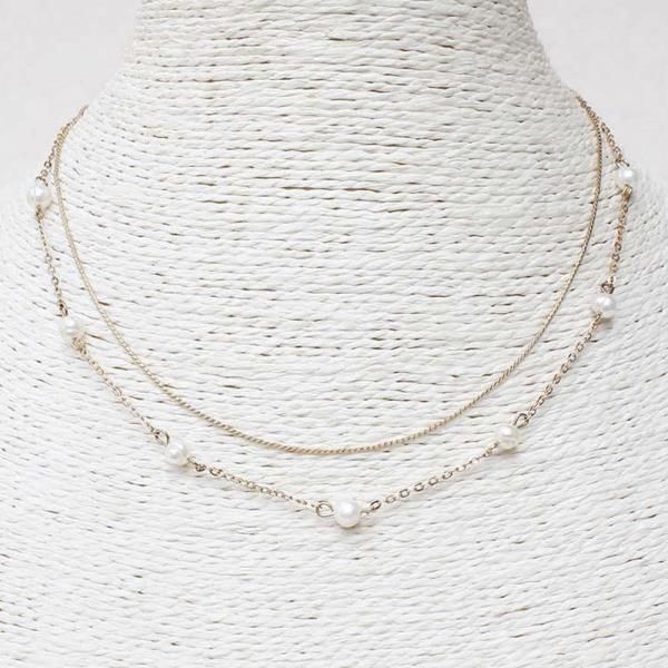 2 LAYERED METAL CHAIN PEARL STATION NECKLACE