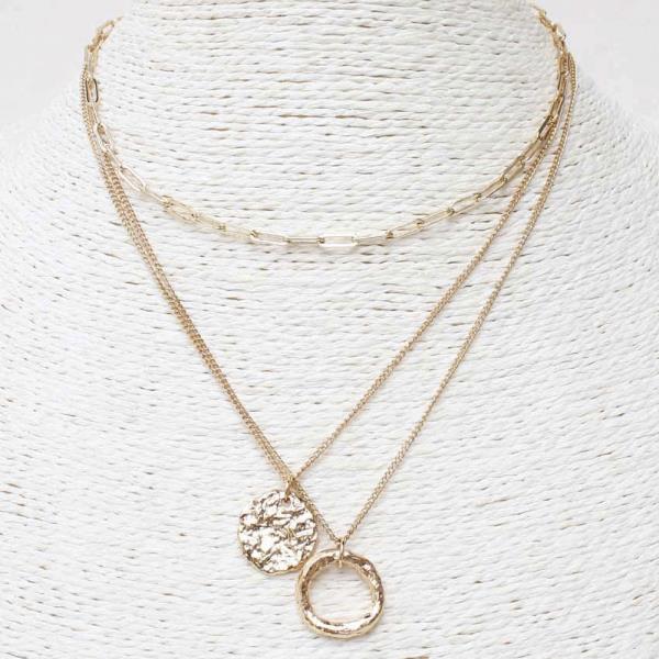 2 LAYERED METAL CHAIN STONE PENDANT NECKLACE