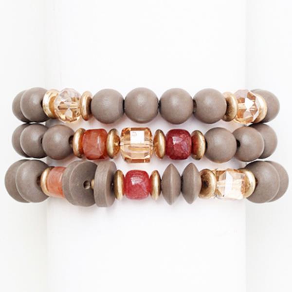 WOOD METAL GLASS BEAD MULTI BRACELET SET