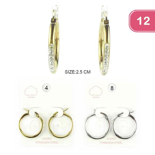 FASHION ACERO STAINLESS STEEL HOOP RHINESTONE EARRINGS (12 UNITS)