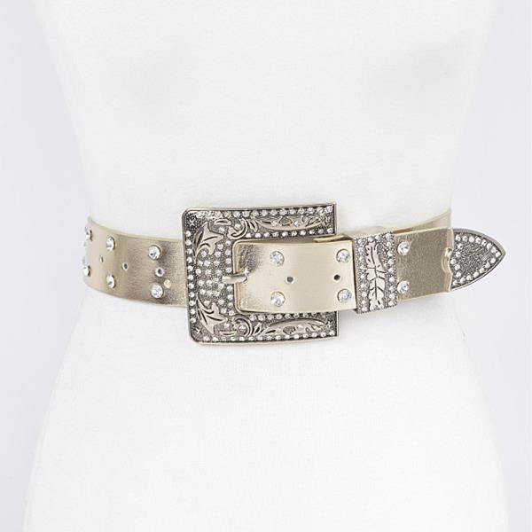 RHINESTONE BUCKLE METALLIC BELT W/STONES