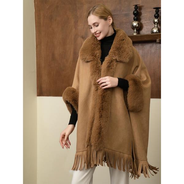 NECK FAUX FUR TASSEL COAT