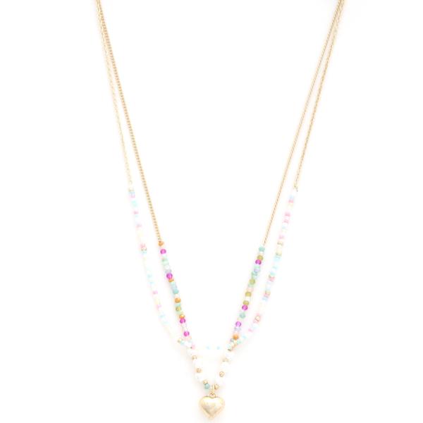 PUFFY HEART CHARM BEADED LAYERED NECKLACE