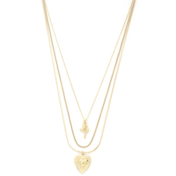 HEART ROSE CHARM LAYERED NECKLACE