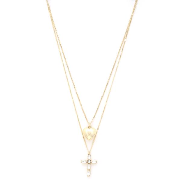 PUFFY HEART CROSS CHARM LAYERED NECKLACE