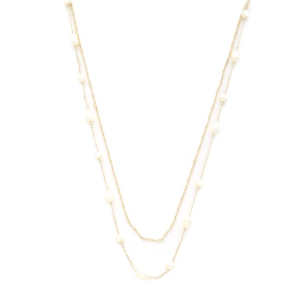 2 LAYERED METAL PEARL STATION NECKLACE