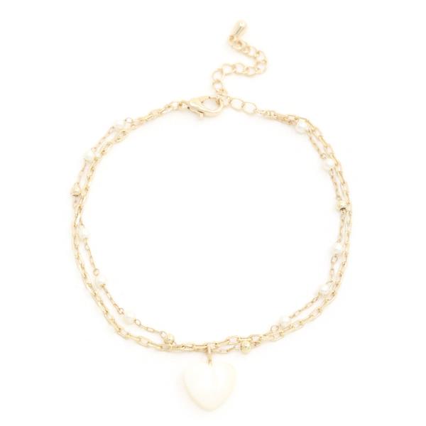 MOTHER OF PEARL HEART CHARM BRASS LAYERED BRACELET