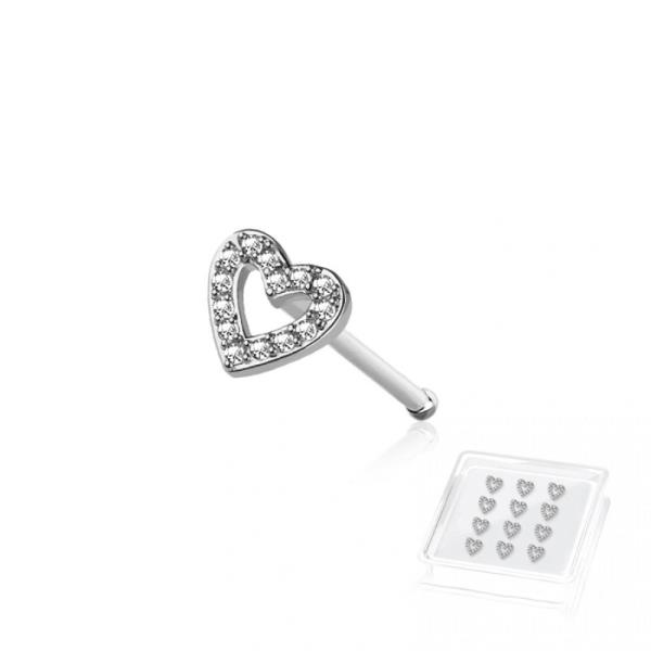 12PCS OF CZ PAVED HEART 316L SURGICAL STEEL BONE NOSE STUD BOX