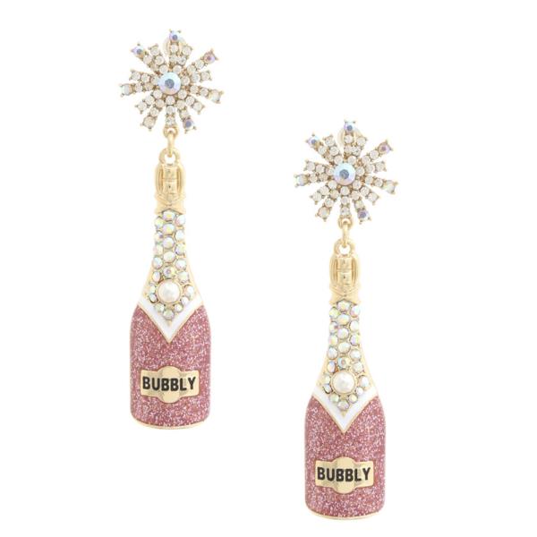 CHAMPAGNE BOTTLE BUBBLY RHINESTONE EARRING
