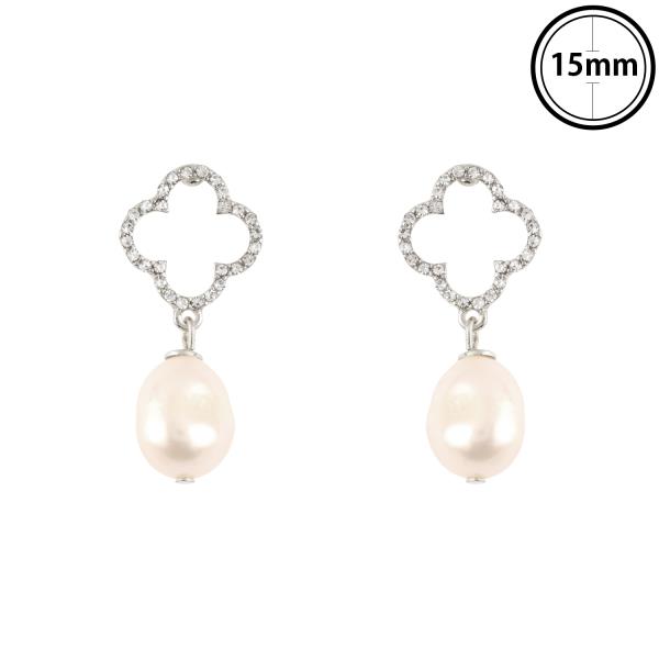 RHINESTONE POST FLOWER PEARL DANGLE EARRING