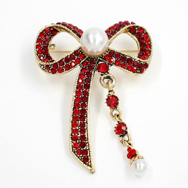 RHINESTONE PEARL BEAD BOW BROOCH