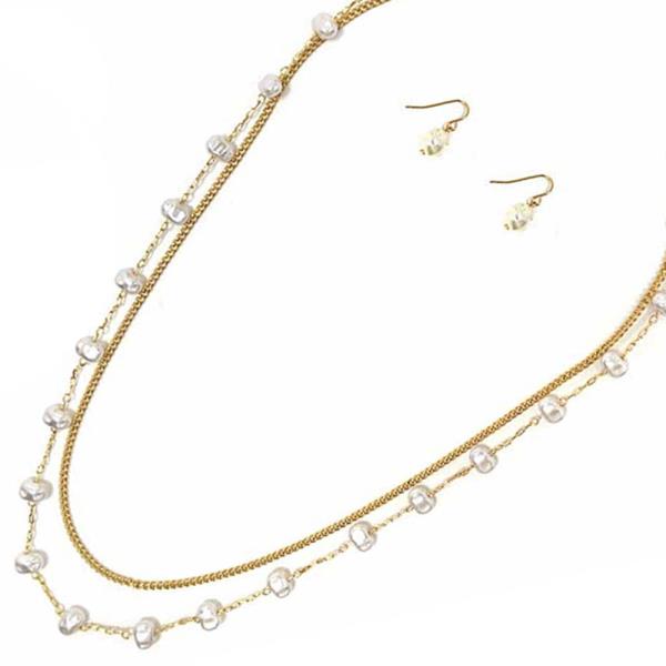 LAYERED W PEARL  NECKLACE EARRING SET
