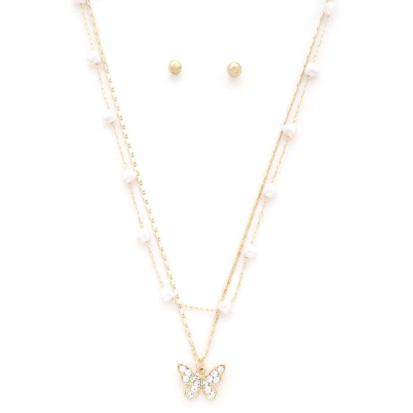 BUTTERFLY CHARM PEARL BEAD LAYERED NECKLACE