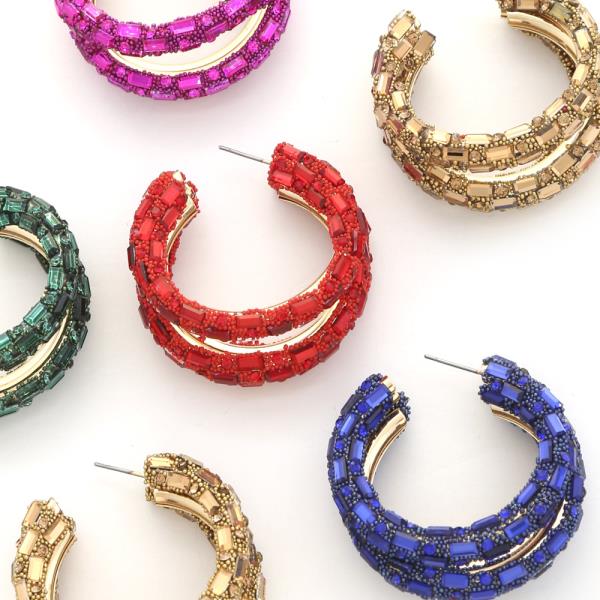 TRIPLE HOOP RHINESTONE EDGE EARRING